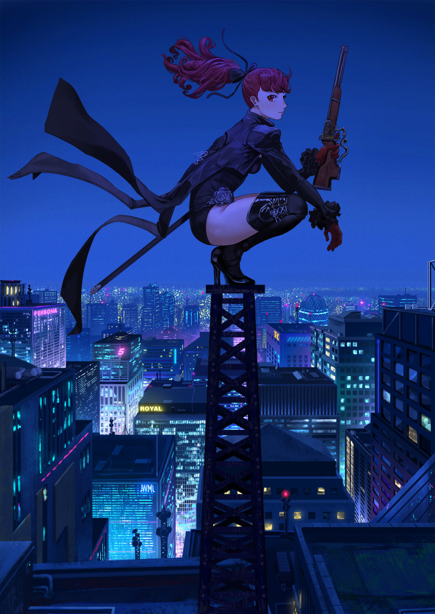 1girl antique_firearm black_bow black_legwear black_leotard bow building city coattails cropped_jacket firearm firelock flintlock frilled_sleeves frills gloves gun hair_bow high_heels highres justin_leyva_(steamy_tomato) leotard looking_at_viewer night night_sky persona persona_5 persona_5_the_royal ponytail radio_tower red_eyes red_gloves redhead rifle rooftop scabbard sheath sky smile solo squatting thigh-highs tower weapon yoshizawa_kasumi