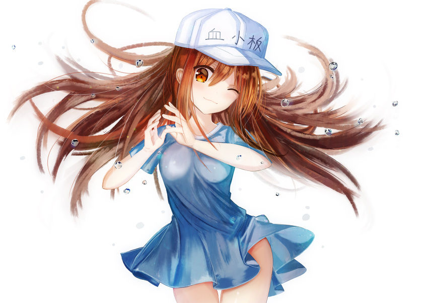 1girl ;) baseball_cap blue_dress brown_eyes brown_hair character_name cowboy_shot dedeko dress eyebrows_visible_through_hair hair_between_eyes hat hataraku_saibou highres long_hair looking_at_viewer one_eye_closed platelet_(hataraku_saibou) pleated_dress short_dress short_sleeves simple_background smile solo standing thigh_gap very_long_hair white_background white_headwear