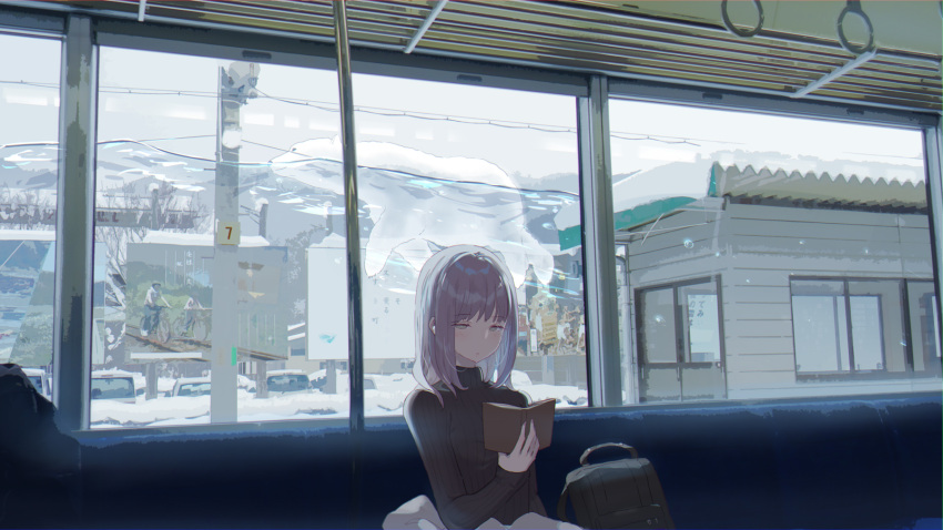 1girl backpack backpack_removed bag bear billboard blush book breasts car domotolain grey_eyes ground_vehicle highres medium_hair motor_vehicle original polar_bear purple_hair reading sitting sleeves_past_wrists small_breasts snow solo surreal sweater swimming train_interior