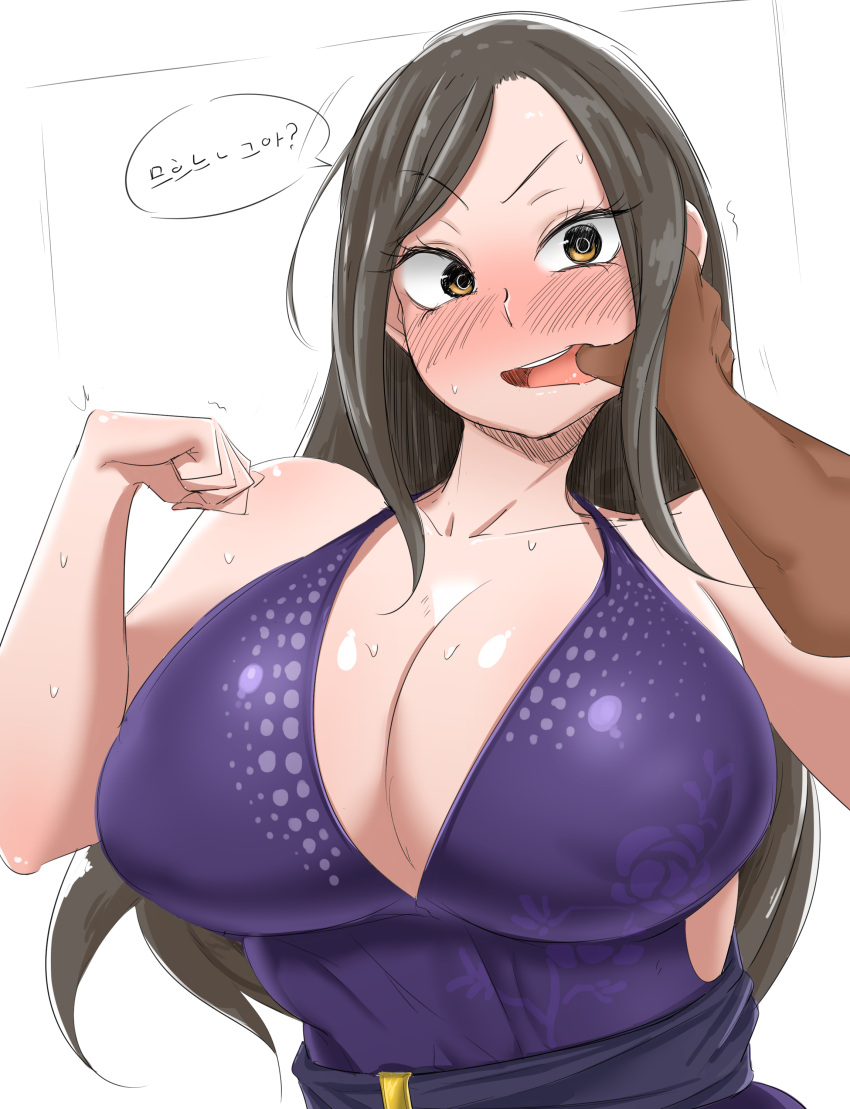 1girl absurdres bare_shoulders black_hair blush breasts brown_eyes cleavage collarbone dress finger_in_mouth highres idolmaster idolmaster_cinderella_girls korean_commentary large_breasts long_hair mm_(yoromu) mukai_takumi open_mouth sweat translation_request