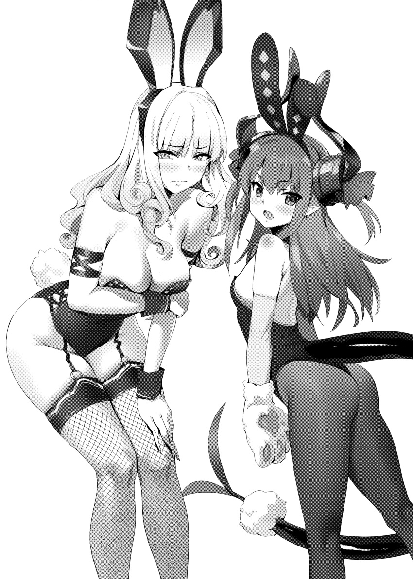 2girls absurdres animal_ears bangs bare_shoulders breasts bunny_paws bunny_tail bunnysuit character_request cleavage elizabeth_bathory_(fate) elizabeth_bathory_(fate)_(all) eyebrows_visible_through_hair fate/grand_order fate_(series) fingernails fishnet_legwear fishnets greyscale highres large_breasts leotard long_fingernails long_hair monochrome multiple_girls open_mouth pantyhose pointy_ears rabbit_ears scan simple_background small_breasts strapless strapless_leotard tail white_background yang-do