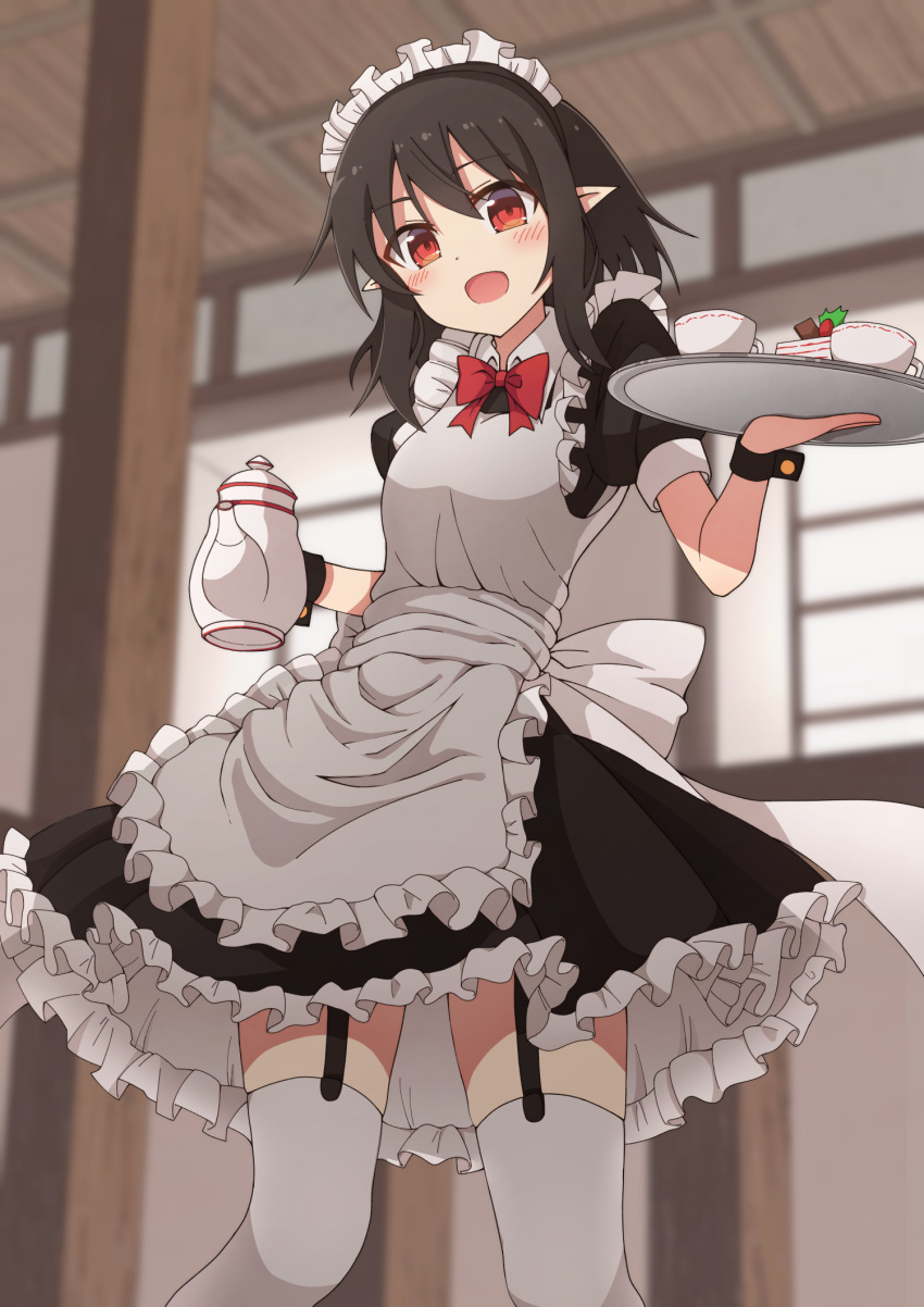 1girl :d alternate_costume apron black_dress black_hair blurry blurry_background blush bow bowtie cake commentary_request crossdressinging cup dress enmaided food frilled_apron frills garter_straps highres indoors looking_at_viewer maid maid_apron maid_headdress open_mouth pointy_ears puffy_short_sleeves puffy_sleeves red_bow red_eyes red_neckwear shameimaru_aya short_hair short_hair_with_long_locks short_sleeves smile solo standing taki_sandstone teapot thigh-highs touhou tray waist_apron white_apron white_legwear wrist_cuffs