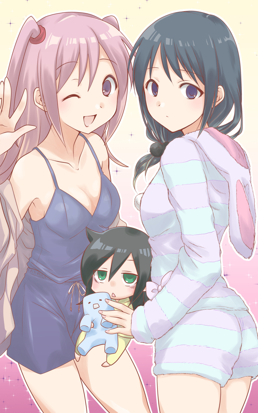 3girls ;d absurdres animal_hood bags_under_eyes bangs bare_shoulders black_hair breasts bunny_hood chibi collarbone commentary_request cosplay costume_switch doll doll_hug empty_eyes from_side gradient gradient_background hair_between_eyes highres hikaru_(ofuton_at5) holding hood hoodie kuroki_tomoko large_breasts long_hair looking_at_viewer looking_to_the_side loungewear low_twintails multiple_girls nemoto_hina nemoto_hina_(cosplay) one_eye_closed open_mouth pajamas pink_background pink_eyes pink_hair pom_pom_(clothes) shorts simple_background smile sparkle_background striped striped_hoodie striped_shorts stuffed_toy tamura_yuri tamura_yuri_(cosplay) triangle_mouth twintails two_side_up violet_eyes watashi_ga_motenai_no_wa_dou_kangaetemo_omaera_ga_warui! yellow_background