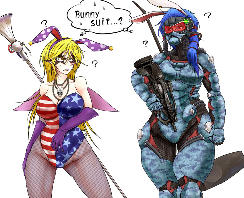 2girls ? alternate_costume american_flag animal_ears armor bare_shoulders blonde_hair blue_armor blue_hair bodysuit breasts bunny_tail bunnysuit chain_necklace cleavage clownpiece collarbone colored_eyelashes commentary_request cowboy_shot earrings elbow_gloves english_text eyeliner facial_tattoo fairy_wings fake_animal_ears fake_tail fishnet_pantyhose fishnets frown gas_mask gloves gun gun_request hairband highres jewelry large_breasts leotard long_hair looking_at_another makeup mallet medium_hair multiple_girls orange_eyes pale_skin pantyhose parted_lips power_armor purple_gloves purple_hairband rabbit_ears rebreather red_eyes ryuuichi_(f_dragon) seiran_(touhou) sharp_teeth simple_background skull skull_necklace staff sweat tail tattoo teeth thought_bubble torch_earrings touhou weapon white_background wings