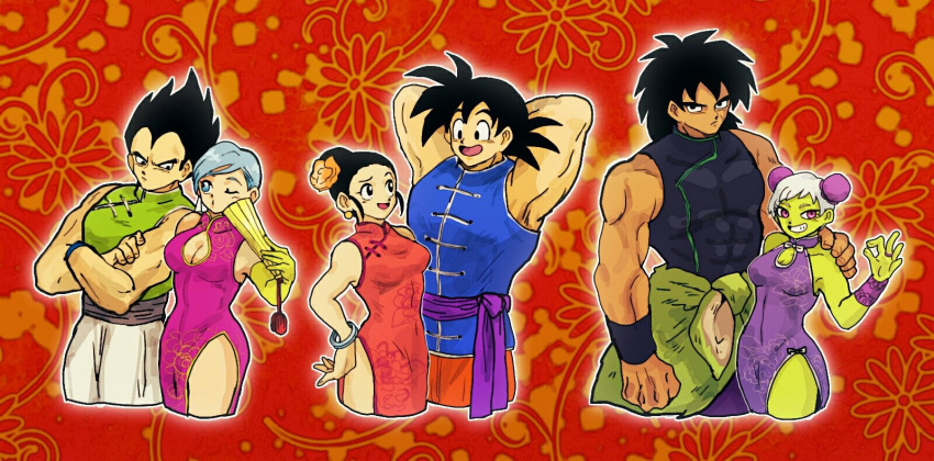 3boys 3girls arm_around_shoulder arm_hug armpits arms_behind_head black_hair blue_hair bracelet breasts broly_(dragon_ball_super) bulma bun_cover cheelai chi-chi_(dragon_ball) china_dress chinese_clothes cleavage cleavage_cutout couple cropped_legs crossed_arms double_bun dragon_ball dragon_ball_super_broly dragonball_z dress floral_background green_skin hair_bun highres jewelry looking_at_another looking_at_viewer multiple_boys multiple_girls muscle ok_sign pelt red_background ring short_hair sleeveless sleeveless_dress smile son_gokuu spiky_hair tan tofu_(tttto_f) vegeta white_hair wristband