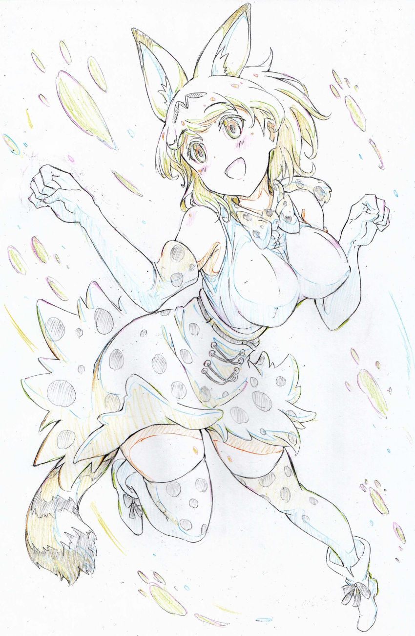 1girl :d absurdres animal_ears ankle_boots blonde_hair boots bow bowtie breasts brown_eyes color_trace colored_pencil_(medium) commentary elbow_gloves extra_ears eyebrows_visible_through_hair full_body gloves head_tilt high-waist_skirt highres kemono_friends kitazinger large_breasts leaning_forward leg_up light_blush miniskirt open_mouth paw_pose print_gloves print_legwear print_neckwear print_skirt serval_(kemono_friends) serval_ears serval_print serval_tail shirt short_hair skindentation skirt sleeveless sleeveless_shirt smile solo standing standing_on_one_leg striped_tail tail thigh-highs traditional_media white_gloves yellow_legwear yellow_skirt