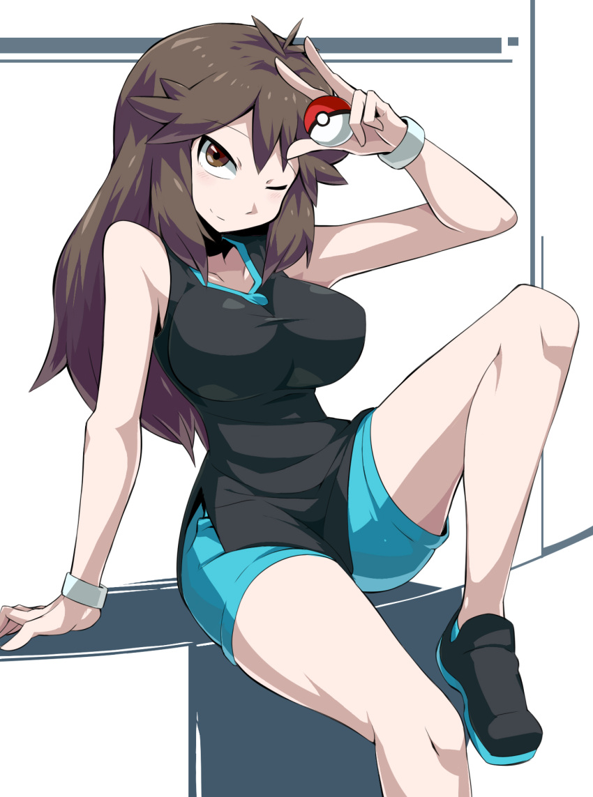 1girl arm_up bangs bare_arms bare_shoulders black_footwear black_shirt blue_(pokemon) blue_shorts breasts brown_eyes brown_hair closed_mouth collarbone creatures_(company) eyebrows_visible_through_hair game_freak hair_flaps head_tilt highres holding holding_poke_ball knee_up large_breasts long_hair looking_at_viewer nintendo one_eye_closed poke_ball pokemon pokemon_(game) pokemon_lgpe shiny shiny_hair shirt shoes shorts sidelocks simple_background sitting sleeveless sleeveless_shirt smile solo suzusiigasuki taut_clothes taut_shirt tsurime white_background wristband