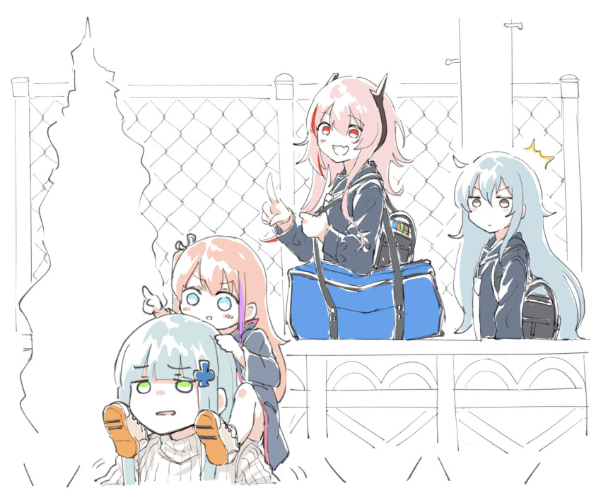 :d backpack bag blue_eyes blue_hair carrying commentary_request duffel_bag fence g11_(girls_frontline) girls_frontline green_eyes highlights highres hk416_(girls_frontline) m4_sopmod_ii_(girls_frontline) multicolored_hair open_mouth piggyback pink_hair pointing red_eyes school_uniform shinoe_nun smile st_ar-15_(girls_frontline) surprised telephone_pole v younger