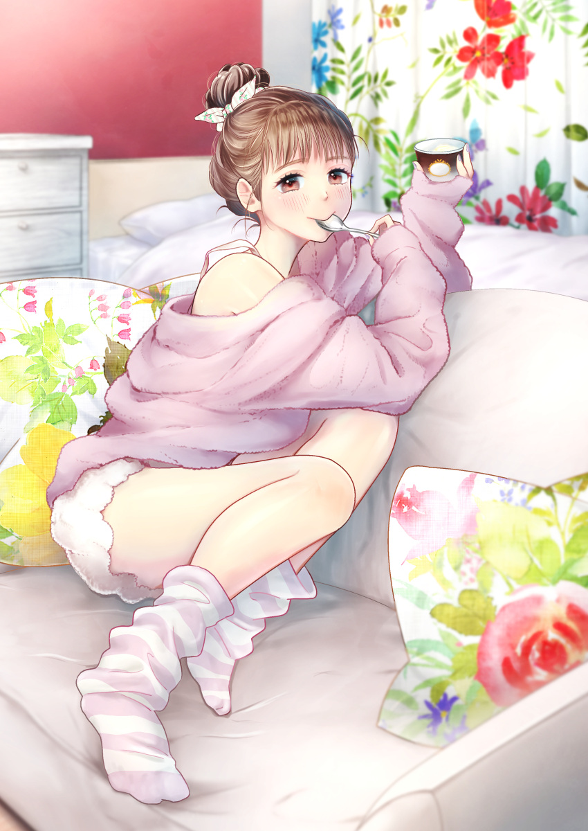 1girl absurdres bangs bed blush bow brown_eyes brown_hair chest_of_drawers curtains eating floral_print food full_body hair_bow hair_bun highres ice_cream indoors looking_at_viewer loose_socks loungewear nail_polish original pillow purple_nails smile solo spoon thighs umeda_hanako white_legwear