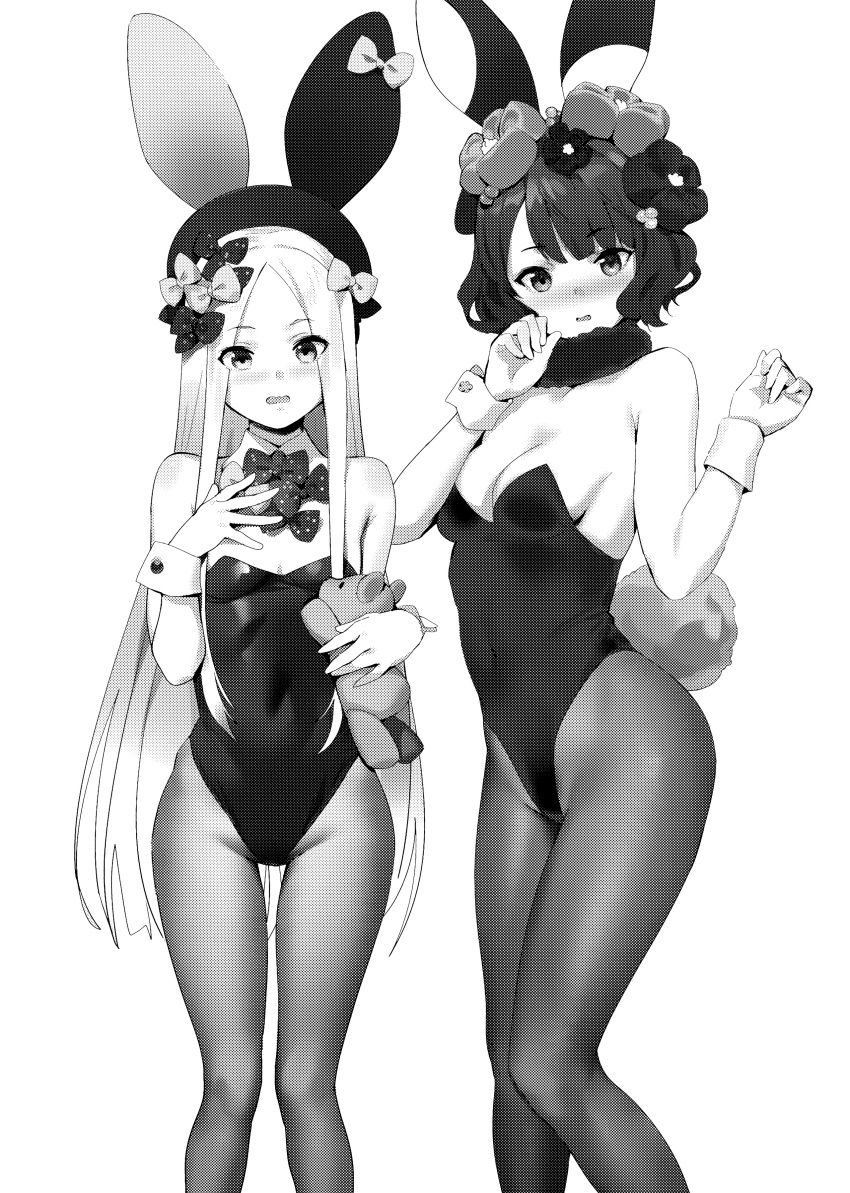 2girls absurdres animal_ears bangs breasts bunny_tail bunnysuit cleavage detached_collar fate/grand_order fate_(series) hair_ornament highres leotard long_hair looking_at_viewer medium_breasts multiple_girls open_mouth pantyhose rabbit_ears scan short_hair simple_background small_breasts strapless strapless_leotard stuffed_animal stuffed_toy tail teddy_bear white_background wrist_cuffs yang-do