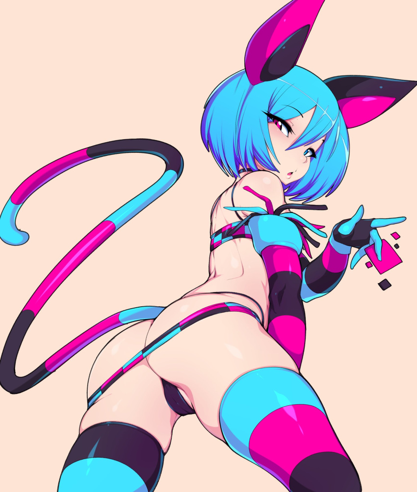 1girl animal_ears ass black_choker black_panties blue_eyes blue_hair choker elbow_gloves eyebrows_visible_through_hair gloves hair_between_eyes heterochromia highres looking_at_viewer original panties red_eyes short_hair simple_background slugbox solo striped striped_gloves striped_legwear striped_tail tail thigh-highs underwear vomi_agogo