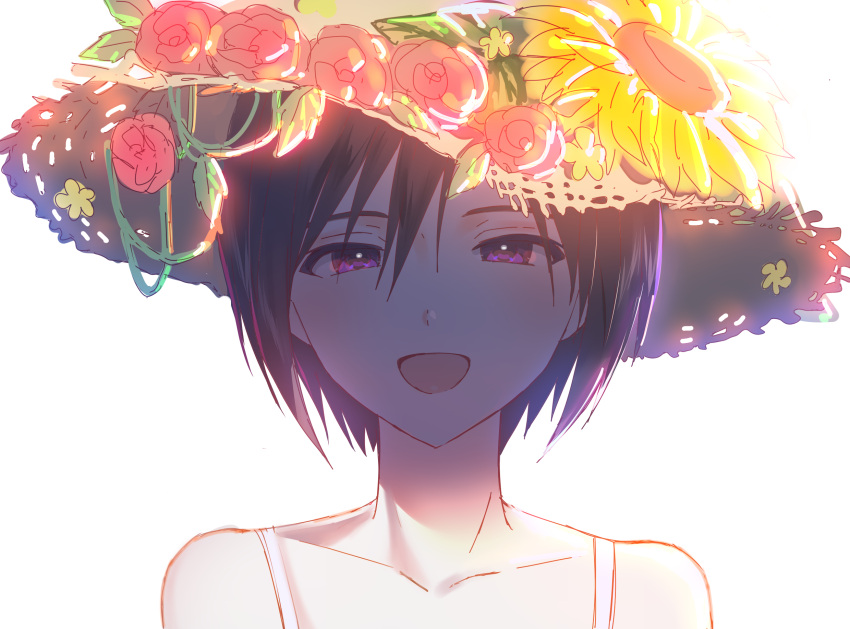 1girl :d black_hair collarbone flower hachiware hair_between_eyes hat hat_flower highres idolmaster idolmaster_(classic) kikuchi_makoto looking_at_viewer open_mouth pink_flower portrait rose short_hair simple_background sleeves smile solo straw_hat sun_hat sunflower violet_eyes white_background yellow_flower