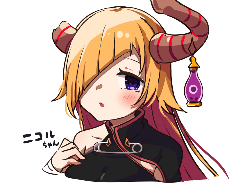 1girl absurdres bangs bare_shoulders black_dress blonde_hair breasts broken_horn china_dress chinese_clothes commentary_request copyright_request cropped_torso dress hair_over_one_eye hand_up highres horn_ornament horns long_hair medium_breasts okota_mikan safety_pin simple_background single_sleeve solo translation_request upper_body violet_eyes white_background