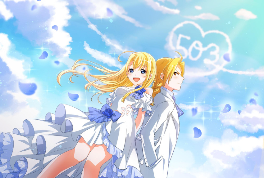 1boy 1girl :d ahoge arms_behind_back back-to-back bare_legs bare_shoulders blonde_hair blue_eyes blue_flower blue_petals blue_ribbon blue_rose blue_sky blurry breasts clouds cloudy_sky commentary_request condensation_trail day depth_of_field dress dutch_angle earrings edward_elric eyebrows_visible_through_hair eyes_visible_through_hair floating_hair flower formal frilled_dress frills frown fullmetal_alchemist hand_in_pocket happy highres jewelry light_particles long_dress looking_at_viewer looking_back medium_breasts nemueee number open_mouth outdoors petals profile puffy_short_sleeves puffy_sleeves ribbon rose short_sleeves sky smile sparkle suit white_dress white_suit winry_rockbell yellow_eyes