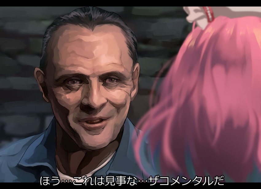 1boy 1girl absurdres black_hair blouse blue_blouse brown_eyes commentary_request eyebrows hannibal_lecter hat highres idolmaster idolmaster_cinderella_girls multicolored_hair nurse_cap pink_hair shirt smile stone_wall tdnd-96 the_silence_of_the_lambs wall white_shirt yumemi_riamu