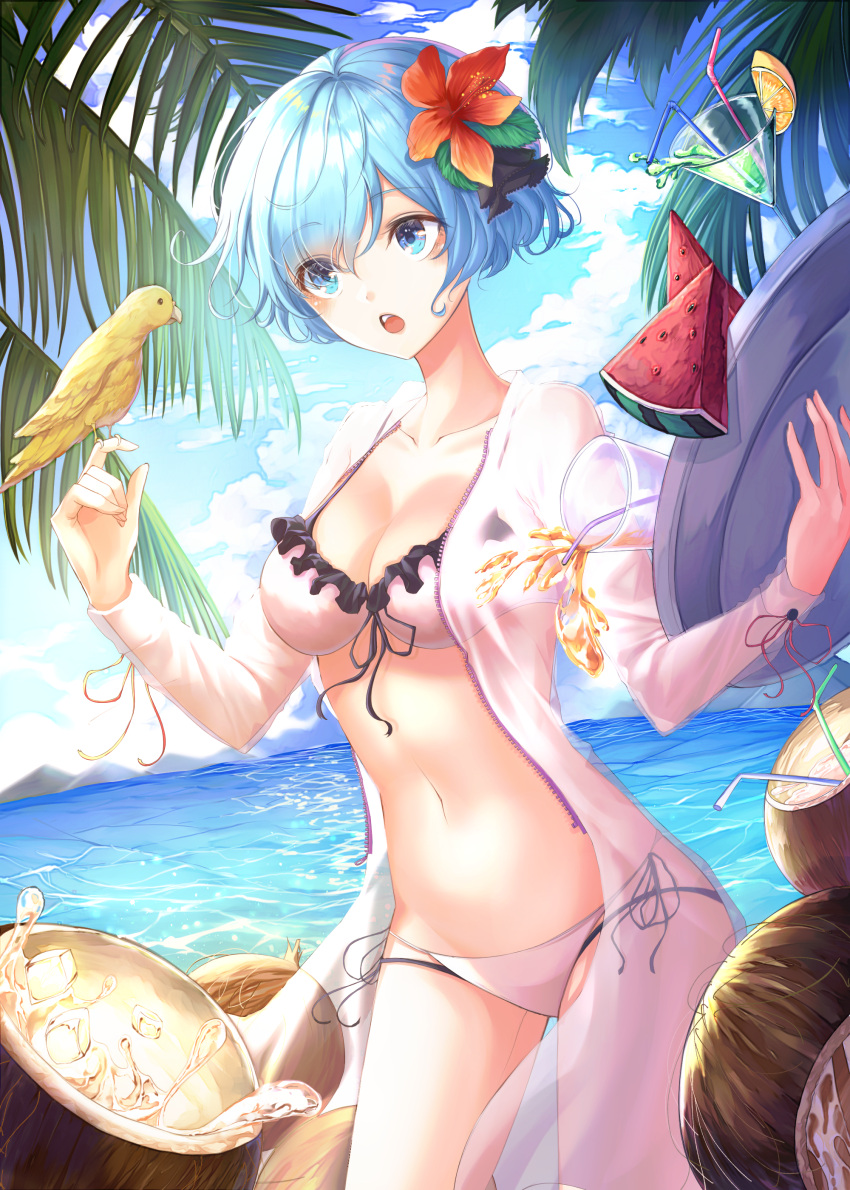 1girl absurdres animal beach bikini bird blue_eyes blue_hair breasts coconut colalrbone collarbone commentary_request csc00014 day eyebrows_visible_through_hair flower food frills fruit hair_flower hair_ornament hair_over_one_eye highres holding holding_plate large_breasts melon navel pink_bikini plate re:zero_kara_hajimeru_isekai_seikatsu red_flower rem_(re:zero) ribbon see-through short_hair side-tie_bikini solo swimsuit water