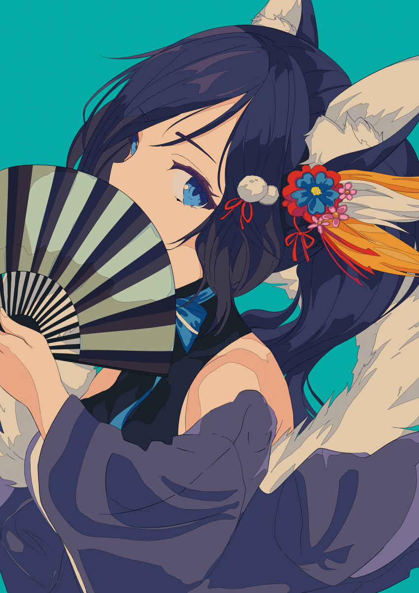 1girl absurdres animal_ears azur_lane bare_shoulders blue_eyes blue_hair bow covered_mouth eyebrows_visible_through_hair fan flower folding_fan hair_flower hair_ornament highres holding holding_fan jintsuu_(azur_lane) juna_(sir_mfmf) long_hair looking_at_viewer ponytail simple_background solo wide_sleeves