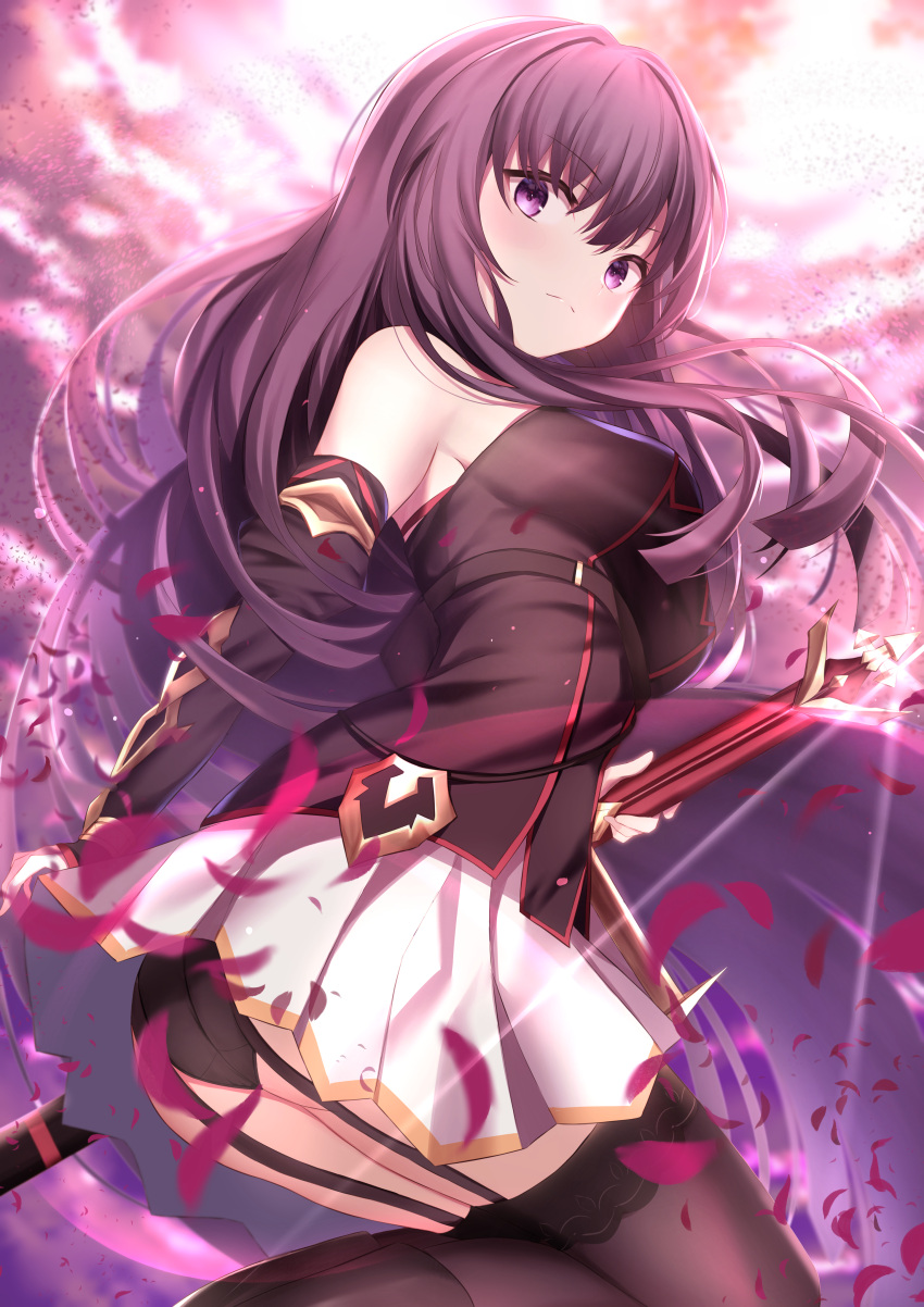 1girl absurdres ass bangs bare_shoulders black_legwear black_panties black_shirt blurry_foreground breasts character_request closed_mouth commentary_request detached_sleeves eyebrows_visible_through_hair floating_hair from_side garter_straps highres holding holding_sword holding_weapon king's_raid long_hair looking_at_viewer maosame medium_breasts panties petals purple_hair sheath sheathed shirt skirt solo sword thigh-highs underwear violet_eyes weapon white_skirt wind