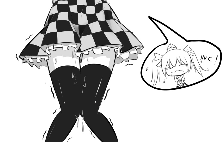 1girl checkered checkered_skirt chinese_commentary commentary_request feet_out_of_frame flying_sweatdrops greyscale hair_ribbon hat have_to_pee highres himekaidou_hatate knees_together_feet_apart long_hair miniskirt monochrome open_mouth petticoat ribbon simple_background skirt solo standing tears thigh-highs thighs tokin_hat touhou twintails v_arms wavy_mouth white_background wide_oval_eyes wuwusan zettai_ryouiki