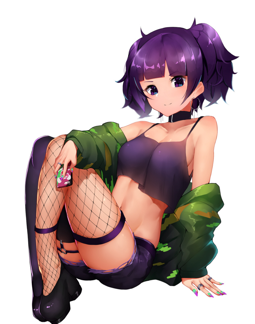 1girl arm_support bangs bare_shoulders black_choker black_footwear black_legwear blunt_bangs boruhis breasts camisole cellphone choker closed_mouth collarbone commentary_request crop_top earrings eyebrows_visible_through_hair fishnet_legwear fishnets full_body green_jacket highres holding holding_phone hoop_earrings idolmaster idolmaster_shiny_colors jacket jewelry looking_at_viewer mismatched_legwear nail_art navel off_shoulder open_clothes open_jacket phone purple_hair purple_shorts ring shiny shiny_hair shiny_skin shoes short_hair short_twintails shorts sidelocks simple_background sitting small_breasts smartphone smile solo stomach tanaka_mamimi thigh-highs twintails violet_eyes white_background