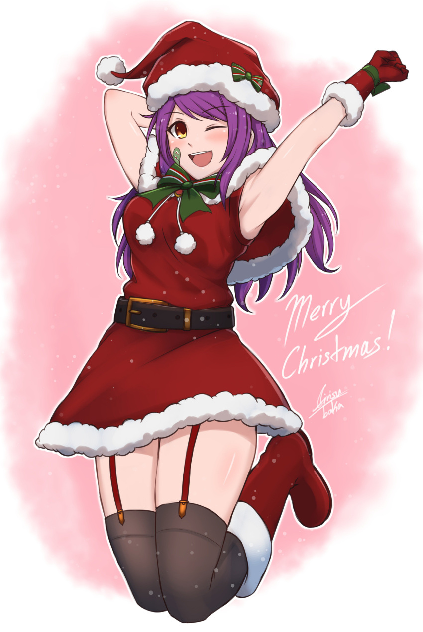 1girl ;d absurdres airisubaka armpits arms_up artist_name bandaid bandaid_on_face belt black_legwear boots bow breasts capelet fur-trimmed_boots fur-trimmed_capelet fur-trimmed_dress fur_trim garter_straps green_bow hat highres jumping long_hair medium_breasts merry_christmas one_eye_closed open_mouth original purple_hair red_capelet red_footwear santa_costume santa_hat signature smile solo thigh-highs thighs yellow_eyes