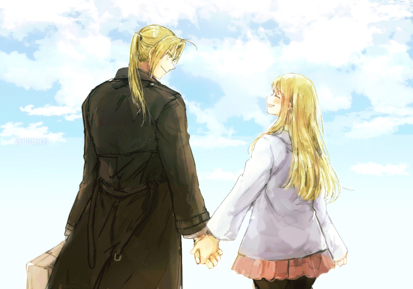 1boy 1girl 2019 :d ^_^ arm_at_side blonde_hair blue_sky blush brown_coat closed_eyes closed_eyes clouds cloudy_sky coat couple dated day earrings edward_elric fullmetal_alchemist hand_holding happy height_difference hetero jacket jewelry looking_at_another open_mouth outdoors pink_shirt ponytail profile shirt sky smile suitcase tsukuda0310 upper_body white_jacket winry_rockbell yellow_eyes