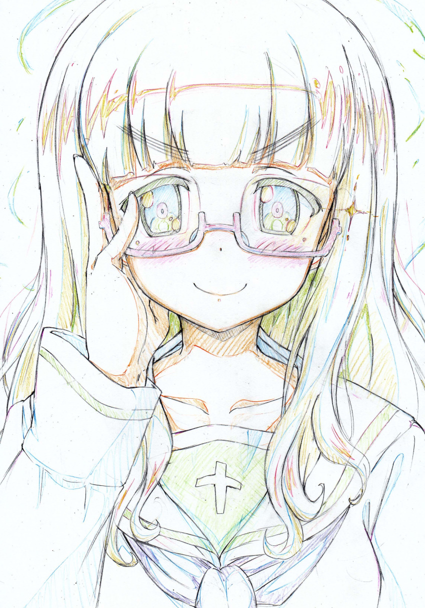 1girl absurdres adjusting_eyewear bangs black_neckwear blouse blunt_bangs blush closed_mouth color_trace colored_pencil_(medium) commentary eyebrows_visible_through_hair girls_und_panzer glasses highres kitazinger long_hair long_sleeves looking_at_viewer neckerchief ooarai_school_uniform orange_eyes orange_hair portrait red-framed_eyewear school_uniform semi-rimless_eyewear serafuku smile solo sparkle takebe_saori traditional_media under-rim_eyewear v-shaped_eyebrows white_blouse