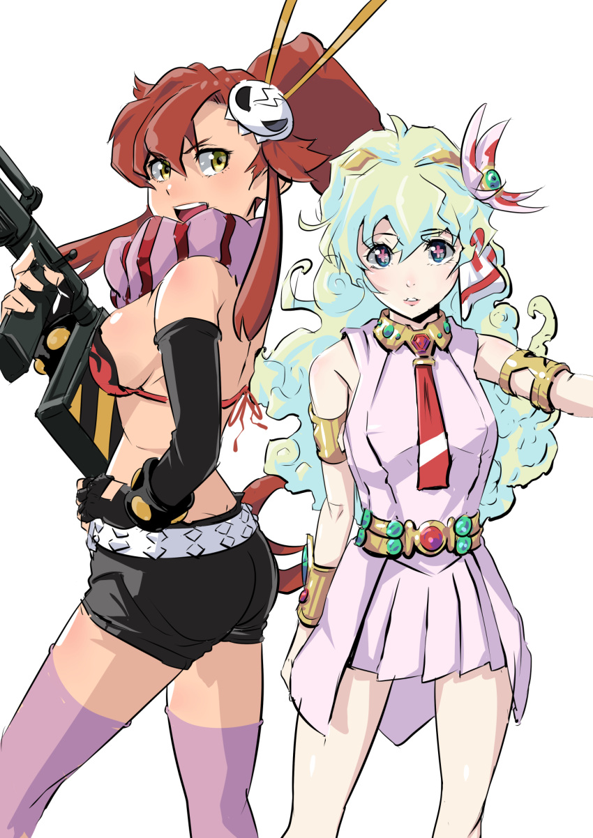 +_+ 2girls anti-materiel_rifle ass back bare_shoulders belt bikini_top blue_eyes blue_hair breasts chopsticks cloud_hair commentary_request dimples_of_venus dress fingerless_gloves gloves gun hair_ornament hand_on_hip highres large_breasts long_hair looking_at_viewer multiple_girls nia_teppelin o_sho open_mouth ponytail redhead rifle scarf short_shorts shorts sideboob simple_background skirt skull_hair_ornament small_breasts smile sniper_rifle standing symbol-shaped_pupils tengen_toppa_gurren_lagann thigh-highs very_long_hair weapon white_background yellow_eyes yoko_littner