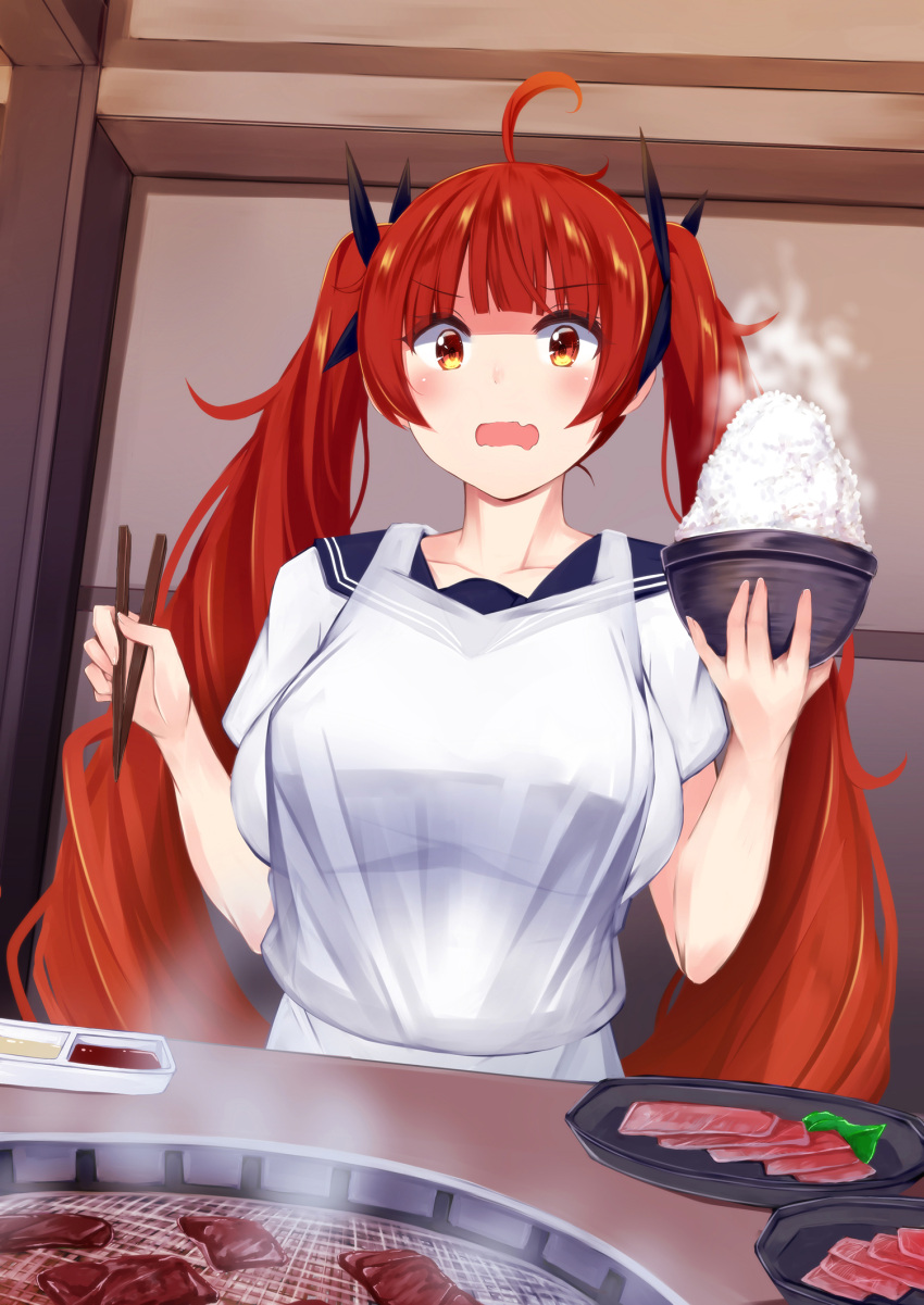 1girl ahoge alternate_costume apron azur_lane bangs blush bowl chopsticks collarbone commentary cooking eyebrows_visible_through_hair fang food grill grilling hair_ribbon highres honolulu_(azur_lane) indoors irohasu long_hair meat open_mouth redhead ribbon rice rice_bowl sailor_collar school_uniform serafuku skin_fang solo soy_sauce steam twintails very_long_hair yakiniku yellow_eyes