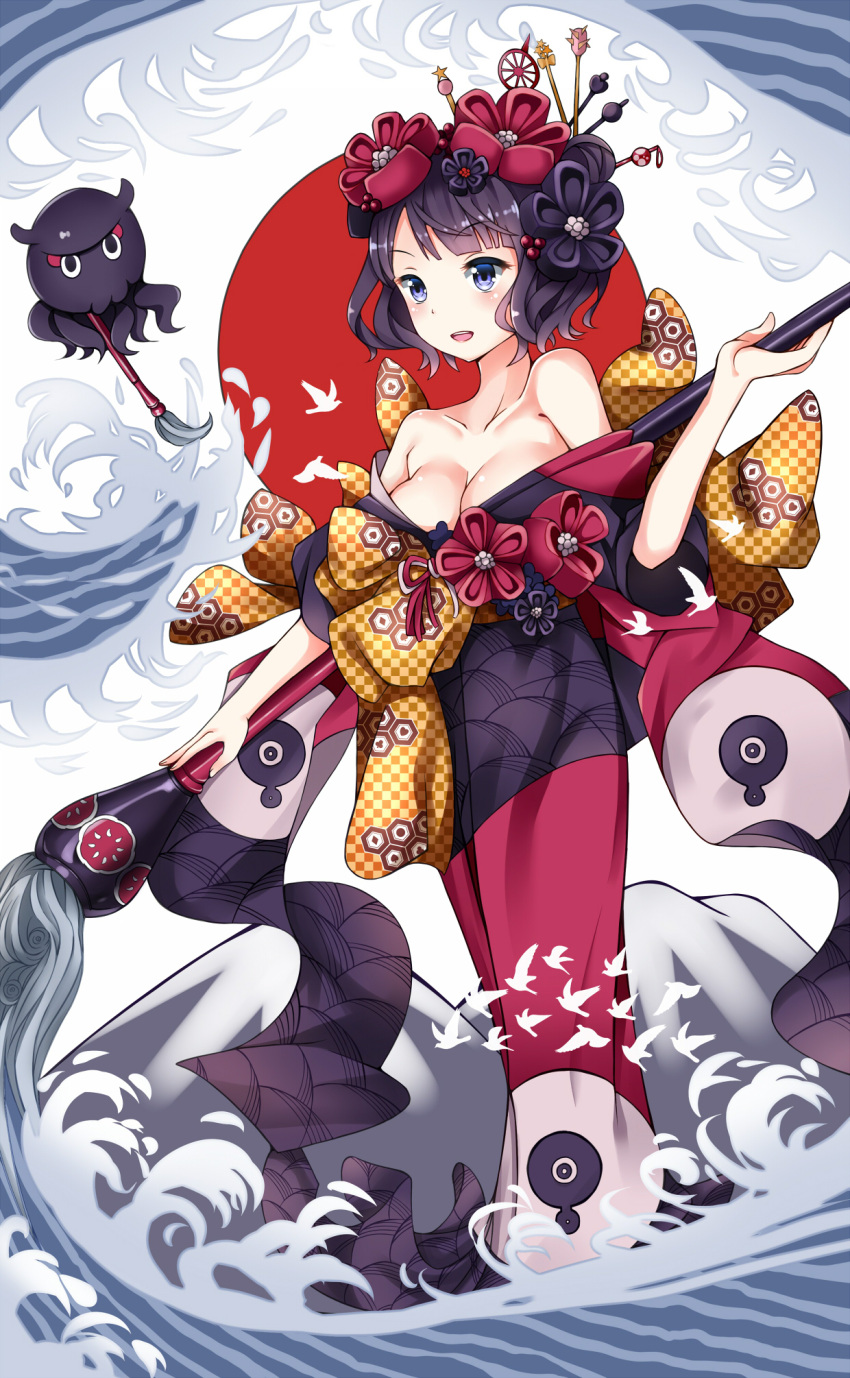 1girl bangs bare_shoulders black_flower black_hair blue_eyes blush breasts cleavage collarbone commentary_request eyebrows_visible_through_hair fate/grand_order fate_(series) flower hair_flower hair_ornament highres holding holding_paintbrush horizon_10600 japanese_clothes katsushika_hokusai_(fate/grand_order) kimono large_breasts octopus open_mouth paintbrush red_flower short_hair tentacle tokitarou_(fate/grand_order) violet_eyes water waves