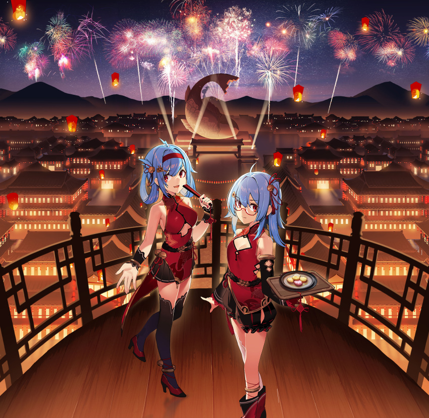 2girls absurdres aerial_fireworks ahoge ankleband architecture bell bili_girl_22 bili_girl_33 bilibili_douga black_legwear black_skirt blue_hair blush bracelet breasts cityscape cleavage_cutout dessert doitsu_no_kagaku east_asian_architecture fireworks food glasses hair_ornament hair_rings hairband hairclip high_heels highres holding holding_tray jewelry jingle_bell long_hair looking_at_viewer medium_breasts mountainous_horizon multiple_girls night night_sky official_art open_mouth outdoors railing red_eyes red_footwear red_hairband red_ribbon ribbon short_hair side_ponytail sidelocks skirt sky sleeveless small_breasts smile standing thigh-highs tray