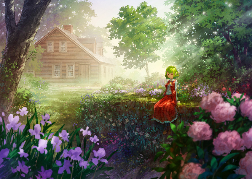1girl ascot blurry blurry_foreground building chimney commentary_request dappled_sunlight day depth_of_field flower forest frilled_skirt frills grass green_hair highres house kazami_yuuka light_rays long_skirt long_sleeves looking_at_viewer miso_pan nature outdoors pink_flower plaid plant purple_flower red_eyes red_skirt rose scenery shirt short_hair sidelocks sitting skirt solo sunbeam sunlight touhou tree very_wide_shot white_shirt wing_collar