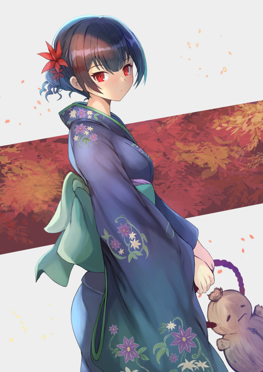 1girl autumn_leaves bangs black_hair blue_kimono closed_mouth commentary_request doll expressionless floral_print flower from_side hair_between_eyes hair_bun hair_flower hair_ornament highres holding holding_doll idolmaster idolmaster_shiny_colors japanese_clothes kimono long_sleeves looking_at_viewer looking_to_the_side morino_rinze obi ohako_(ohako1818) print_kimono red_eyes red_flower sash shiny shiny_hair short_hair solo standing straw_doll white_background wide_sleeves