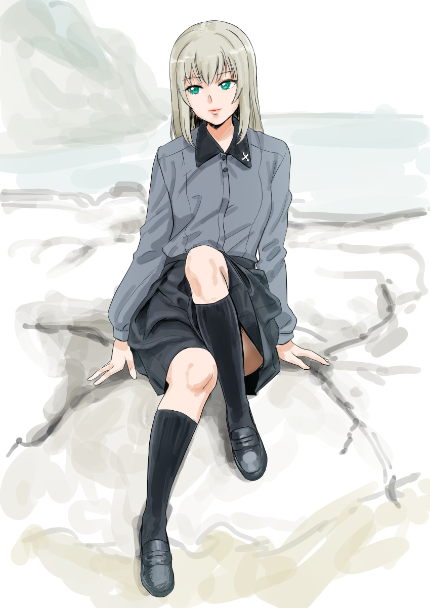 1girl absurdres arm_support black_footwear black_skirt blue_eyes closed_mouth dress_shirt eyebrows_visible_through_hair girls_und_panzer grey_shirt highres hisaki insignia itsumi_erika kuromorimine_school_uniform leg_up light_smile lips loafers long_hair long_sleeves looking_to_the_side miniskirt pleated_skirt school_uniform shirt shoes silver_hair sitting skirt socks solo