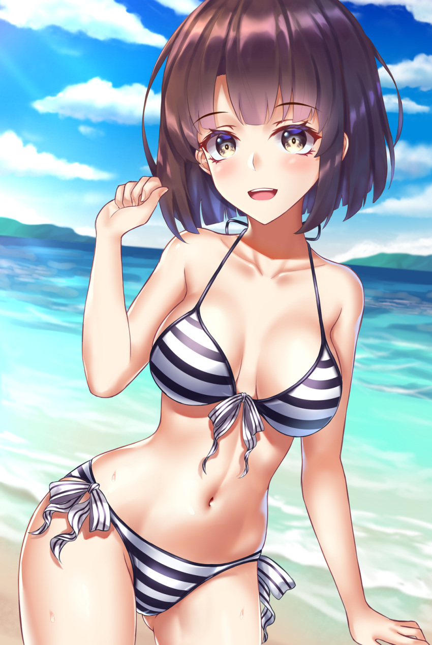 1girl beach bikini blue_sky breasts brown_eyes brown_hair cleavage clouds collarbone day front-tie_top highres horizon katou_megumi looking_at_viewer medium_breasts mountain navel open_mouth outdoors saenai_heroine_no_sodatekata short_hair side-tie_bikini sky smile solo striped striped_bikini swimsuit upper_teeth user_wye9686