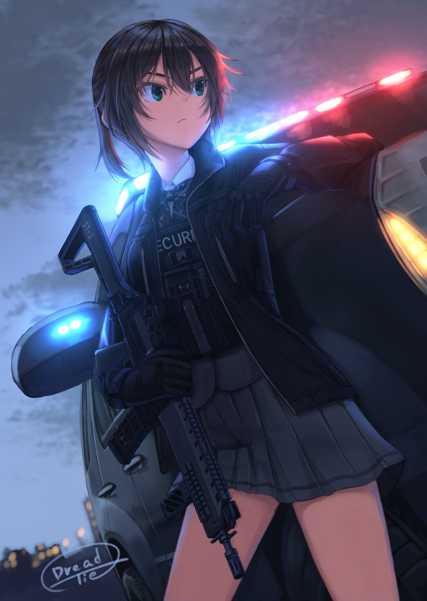 1girl absurdres bangs black_gloves black_hair blue_eyes bow bulletproof_vest car clouds cloudy_sky dreadtie dutch_angle gloves ground_vehicle gun hair_between_eyes highres jacket leaning_on_object looking_to_the_side motor_vehicle open_clothes open_jacket original outdoors pleated_skirt rifle school_uniform security_agency short_hair skirt sky solo weapon