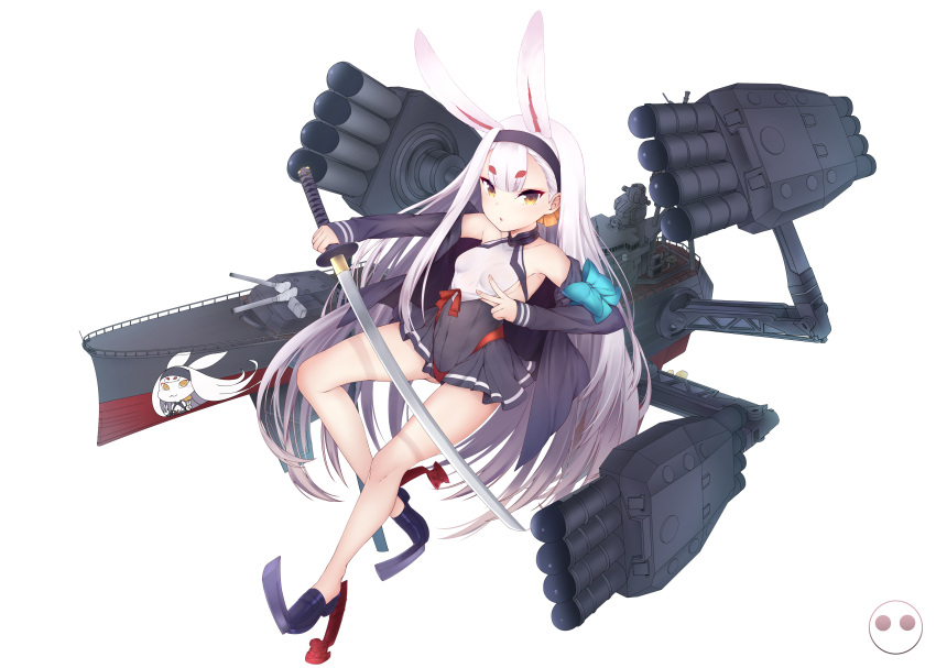 1girl absurdres animal_ears armpits azur_lane bikini_bottom black_footwear black_skirt brown_eyes commentary_request double_v full_body gluteal_fold hairband highres john_zerowb leaning_back legs long_hair rabbit_ears red_bikini_bottom rigging shimakaze_(azur_lane) shirt shoes silver_hair simple_background skirt solo stilts sword thighs torpedo torpedo_tubes v very_long_hair weapon white_background white_shirt