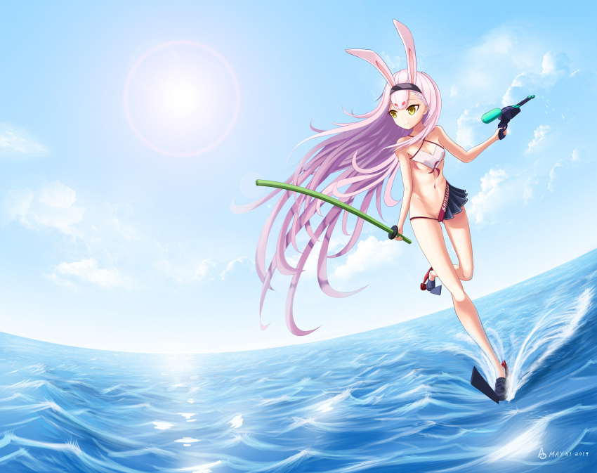 1girl absurdres animal_ears asymmetrical_clothes asymmetrical_legwear azur_lane bare_shoulders breasts cleavage_cutout clouds dated english_text groin hairband highres long_hair navel ocean pink_hair rabbit_ears shimakaze_(azur_lane) skirt small_breasts solo swimsuit uranophane water water_gun yellow_eyes