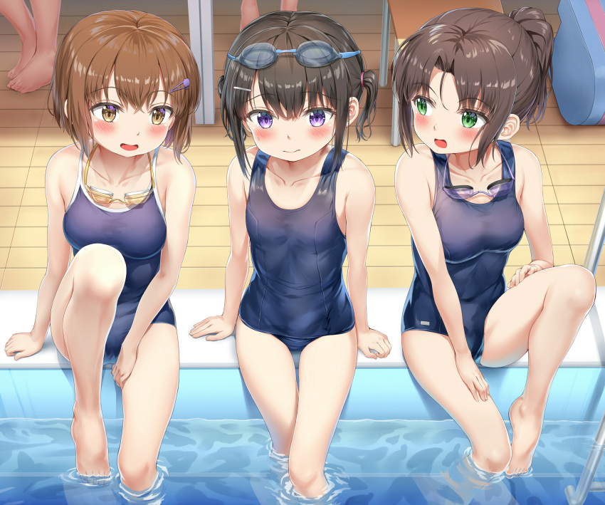 3girls bangs bare_legs barefoot black_hair blush breasts brown_eyes brown_hair chair closed_mouth collarbone commentary_request covered_navel eyebrows_visible_through_hair eyewear_on_head glasses green_eyes hair_between_eyes highres leg_up looking_at_another medium_breasts multiple_girls nedia_(nedia_region) one-piece_swimsuit open_mouth original pool pool_ladder poolside school_swimsuit side_ponytail sitting sleeveless small_breasts smile soaking_feet swimsuit thighs violet_eyes water