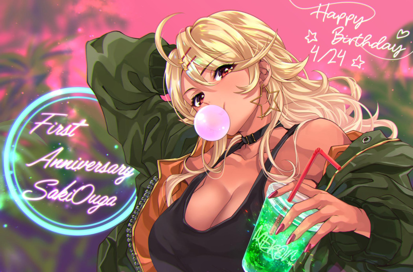 1girl ahoge amaryllis_gumi anniversary bendy_straw black_tank_top blonde_hair blurry blurry_background breasts brown_eyes bubble_blowing character_name chewing_gum choker cleavage coat collarbone commentary cup cursive dark_skin dated disposable_cup drink drinking_straw earrings eyes_visible_through_hair fingernails green_coat gyaru hair_ornament hair_over_one_eye hairclip hand_behind_head happy_birthday head_tilt heart highres jewelry large_breasts long_fingernails long_hair looking_at_viewer melon_soda messy_hair nail_polish open_clothes open_coat ouga_saki pink_background red_eyes red_nails solo star star_earrings tank_top tdnd-96 unzipped upper_body virtual_youtuber zipper