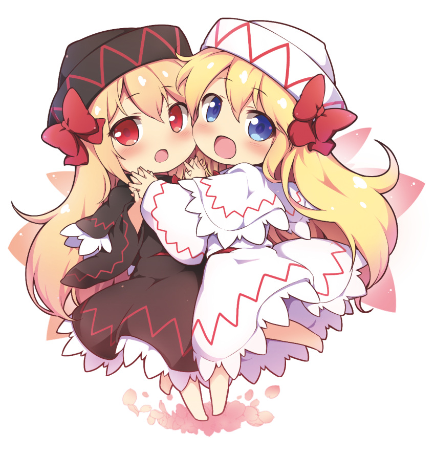 2girls :d :o baku-p bangs barefoot black_cape black_dress black_headwear blonde_hair blue_eyes blush bow cape capelet commentary_request dress eyebrows_visible_through_hair hair_between_eyes hair_bow hat highres lily_black lily_white long_hair looking_at_viewer multiple_girls open_mouth petals red_bow red_eyes smile touhou very_long_hair white_background white_capelet white_dress white_headwear