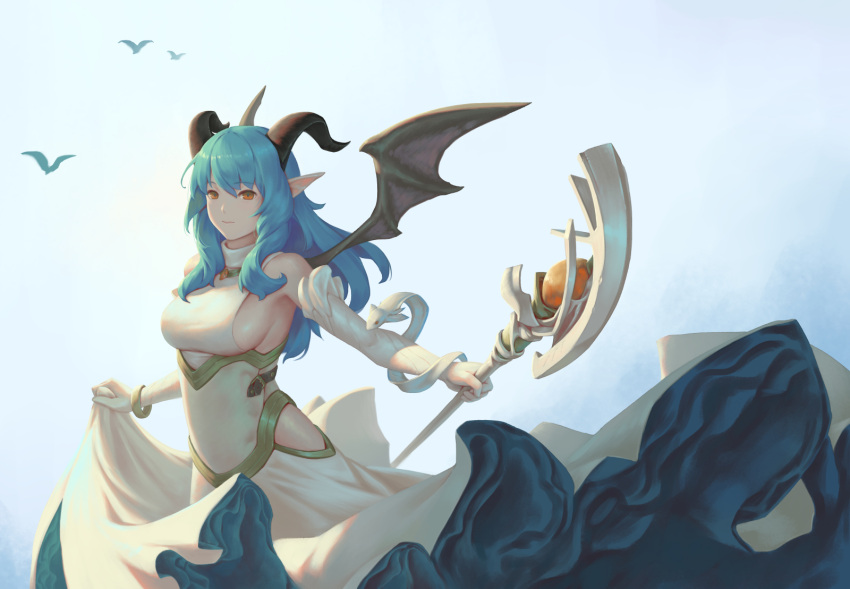 1girl bangle bangs bigrbear bird black_wings blue_eyes blue_sky bracelet breasts closed_mouth day dragon_girl dragon_horns dragon_wings dress elbow_gloves eyebrows_visible_through_hair gloves highres hip_vent holding holding_staff horns jewelry large_breasts long_hair orange_eyes original outdoors pointy_ears sideboob skirt_hold sky solo staff underbust white_dress white_gloves wings