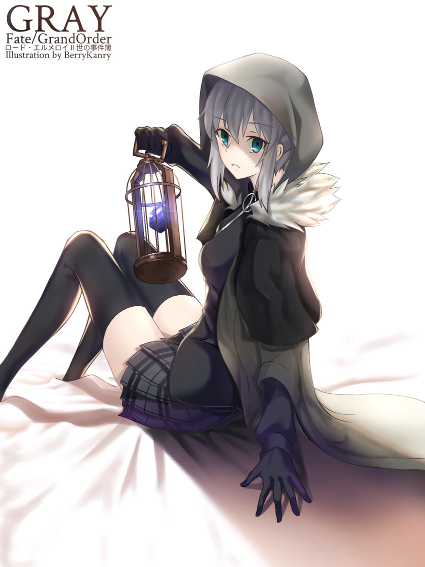 1girl artist_name bangs bed_sheet berrykanry birdcage black_capelet black_gloves black_legwear black_shirt brown_cape cage cape capelet character_name commentary_request copyright_name eyebrows_visible_through_hair fate_(series) feet_out_of_frame fur-trimmed_capelet fur_trim gloves gray_(lord_el-melloi_ii) green_eyes grey_skirt hair_between_eyes highres holding_cage hood hood_up knees_up long_sleeves looking_at_viewer looking_to_the_side lord_el-melloi_ii_case_files parted_lips plaid plaid_skirt pleated_skirt shirt sidelocks sitting skirt solo thigh-highs