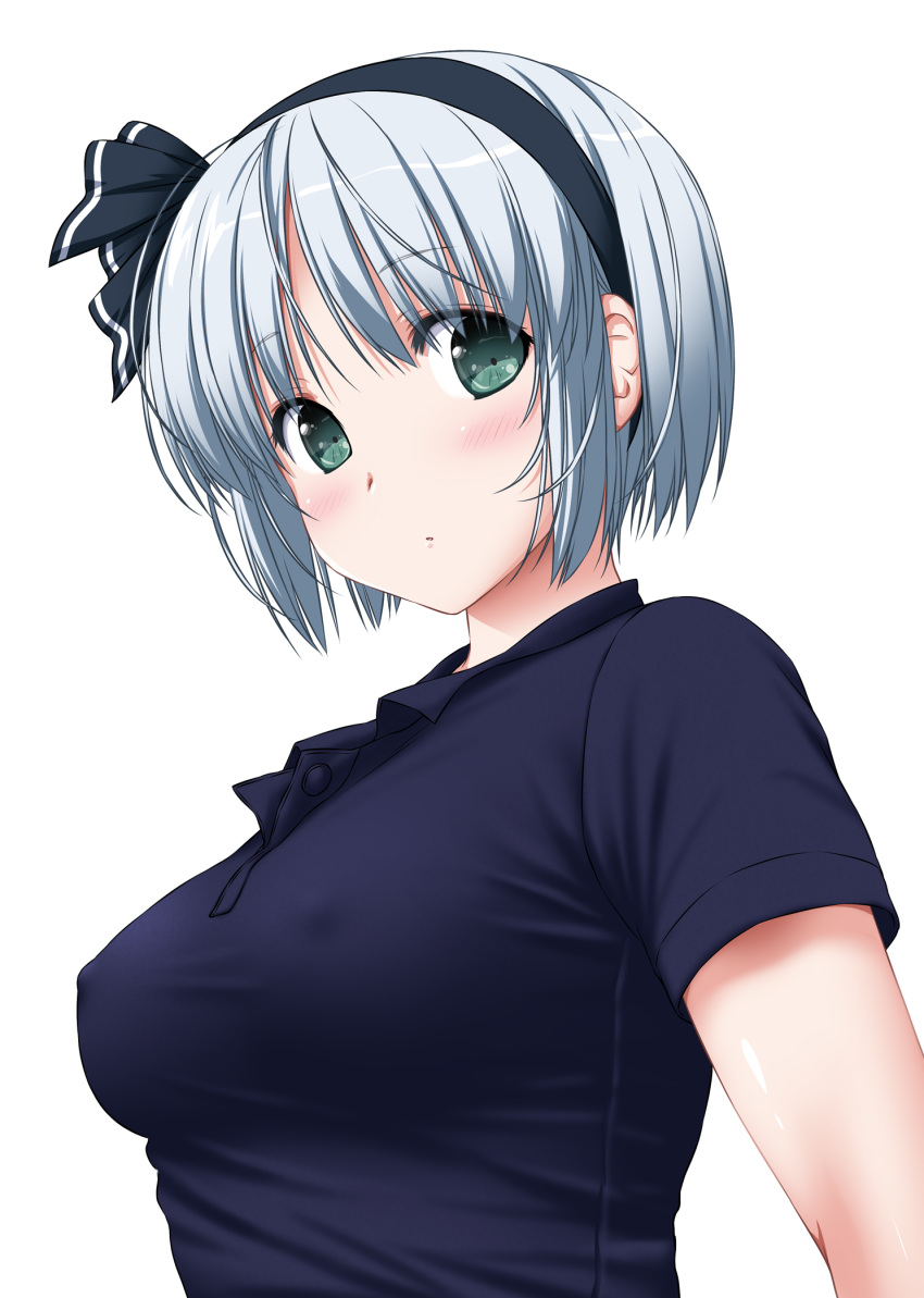1girl alternate_costume black_hair black_shirt blush breasts collared_shirt commentary_request erect_nipples eyebrows_visible_through_hair eyes_visible_through_hair green_eyes hairband highres konpaku_youmu large_breasts looking_at_viewer nori_tamago shirt short_hair short_sleeves silver_hair simple_background solo touhou upper_body white_background
