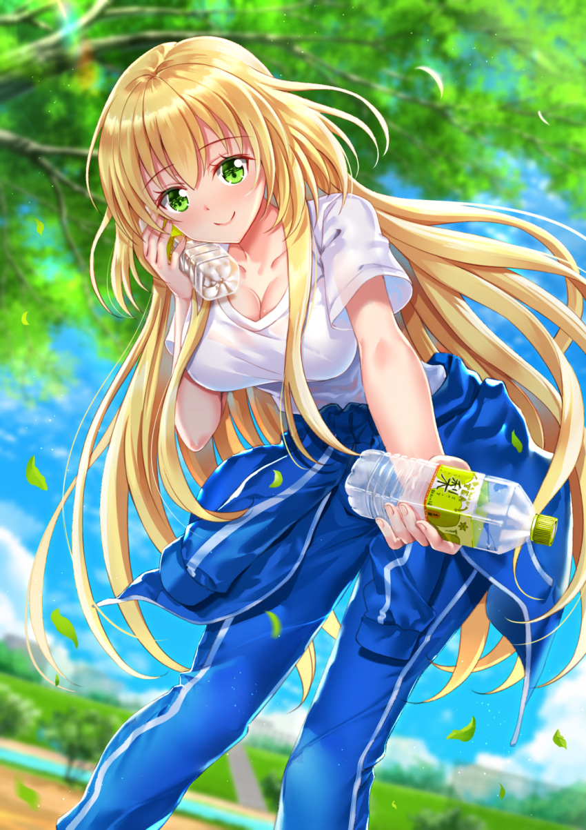 1girl bangs blonde_hair blue_jacket blue_pants blue_sky blurry blurry_background blush bottle bottle_to_cheek breasts cleavage closed_mouth clothes_around_waist clouds collarbone commentary_request day depth_of_field eyebrows_visible_through_hair fingernails green_eyes hachigatsu_no_cinderella_nine hair_between_eyes highres holding holding_bottle jacket jacket_around_waist large_breasts leaning_forward leaves_in_wind long_hair nozaki_yuuki outdoors pants shirt short_sleeves sky smile solo swordsouls track_jacket track_pants track_suit tree very_long_hair water_bottle white_shirt