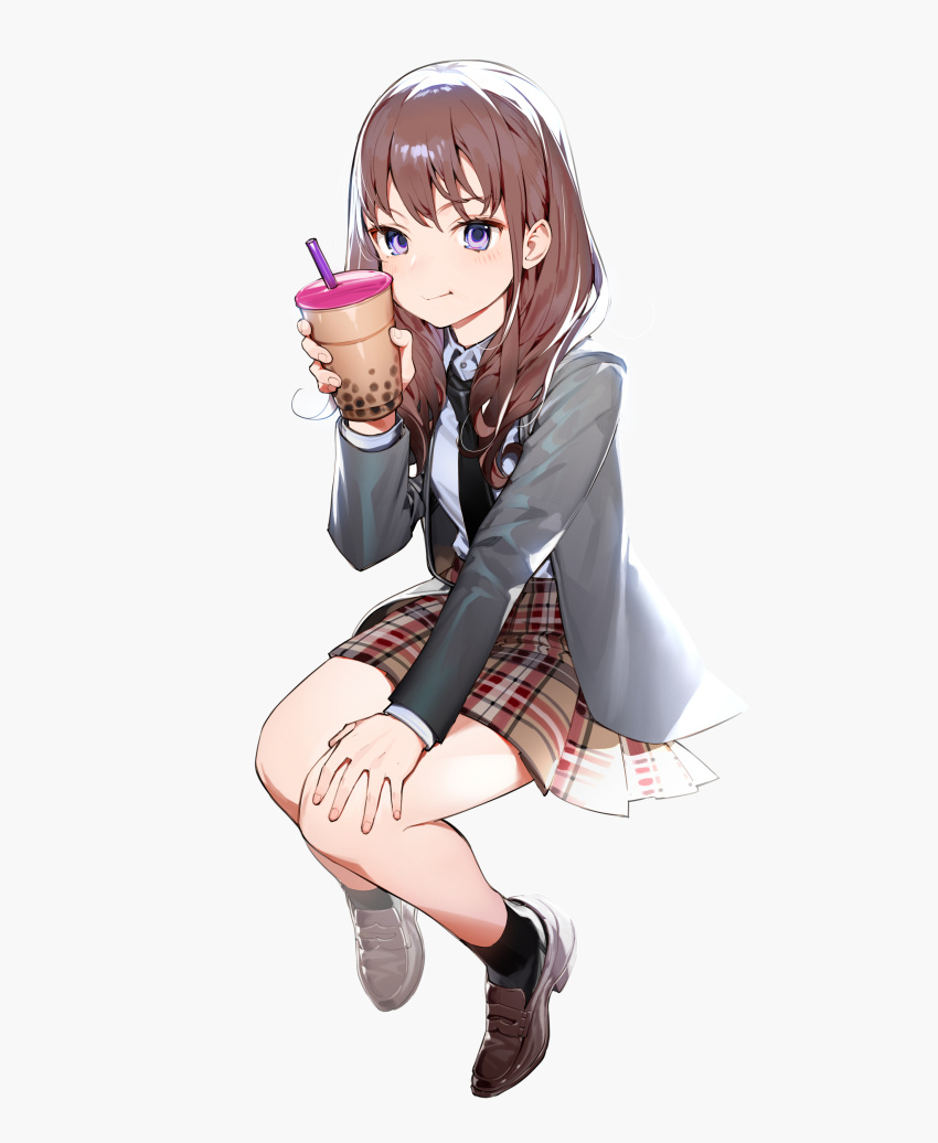 1girl absurdres bare_legs black_legwear black_neckwear blazer blush brown_footwear brown_hair brown_skirt bubble_tea closed_mouth collared_shirt cup disposable_cup drinking_straw full_body grey_jacket hand_up highres holding holding_cup invisible_chair jacket long_hair long_sleeves looking_at_viewer milk_tea miniskirt misoni_comi necktie open_clothes open_jacket original plaid plaid_skirt pleated_skirt school_uniform shirt shoes sidelocks simple_background sitting skirt smile socks solo violet_eyes white_background white_shirt