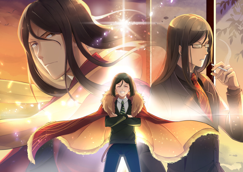 1boy absurdres black-framed_eyewear black_pants brown_hair cape closed_eyes collared_shirt crossed_arms fate/grand_order fate_(series) floating_hair fur-trimmed_cape fur_trim glasses green_neckwear green_sweater grin hair_between_eyes highres holding long_hair long_sleeves lord_el-melloi_ii multiple_views necktie outdoors pants parted_lips rectangular_eyewear red_cape red_neckwear sei_(abab40116) shirt smile smole standing striped striped_neckwear sweater very_long_hair waver_velvet white_shirt wing_collar