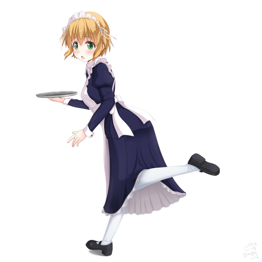 1girl absurdres apron black_footwear black_shirt black_skirt blonde_hair blush eyebrows_visible_through_hair frilled_skirt frills from_side full_body green_eyes hair_between_eyes hair_ribbon highres holding holding_plate kurata_ami leg_up long_riders! long_skirt long_sleeves maid maid_headdress mary_janes plate ribbon sainohikari shirt shoes short_hair simple_background skirt solo triangle_mouth white_apron white_background white_legwear white_ribbon