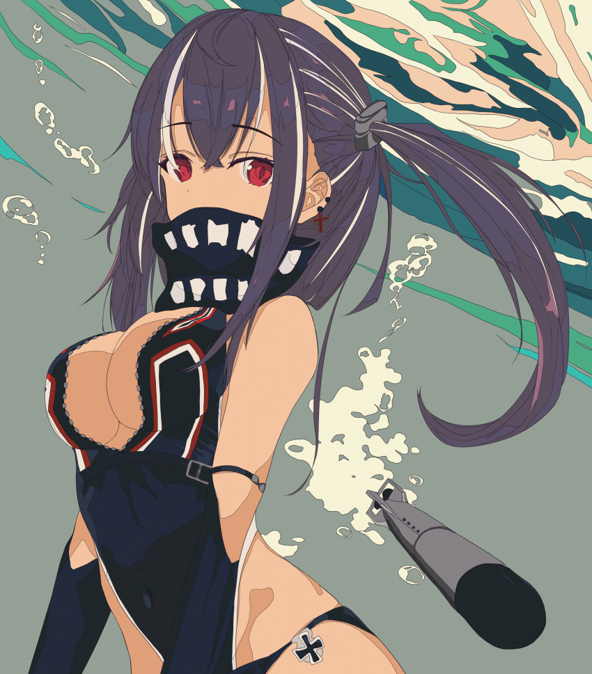 1girl absurdres azur_lane black_hair breasts bubble cleavage clouds cloudy_sky covered_mouth earrings eyebrows_visible_through_hair hair_between_eyes highres iron_cross jewelry juna_(sir_mfmf) large_breasts long_hair looking_at_viewer multicolored_hair one_side_up red_eyes sky solo streaked_hair swimsuit torpedo u-47_(azur_lane) unzipped