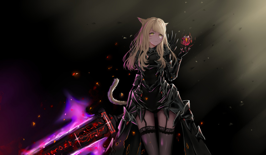 1girl absurdres animal_ears armored_leotard black_background black_cape black_gloves black_leotard blonde_hair cape cat_ears cat_tail character_request cowboy_shot facial_mark faulds garter_straps gloves grey_legwear highres holding holding_sword holding_weapon huijin_zhi_ling leotard long_hair shoulder_armor slit_pupils solo standing sword tail thigh-highs thigh_gap waist_cape weapon yellow_eyes